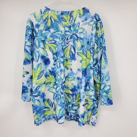Alfred Dunner Waikiki Printed Lace Trim Tropical Floral Top 3/4 Sleeve Blouse Sh - Picture 2 of 7